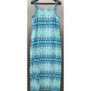 Dotti Maxi Dress L Blue Teal Geo Lightweight Boho Hippie Fairy Beachy Casual
